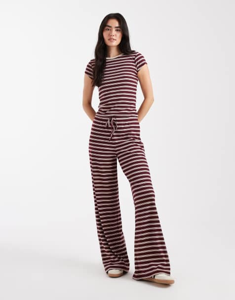 Miss Selfridge wide leg striped trouser co ord in burgundy