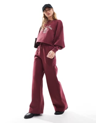 wide leg sweatpants in burgundy - part of a set-Red