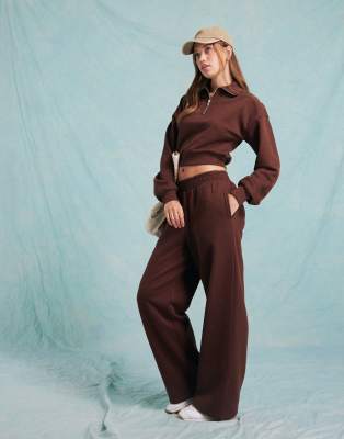 wide leg sweatpants in chocolate - part of a set-Brown