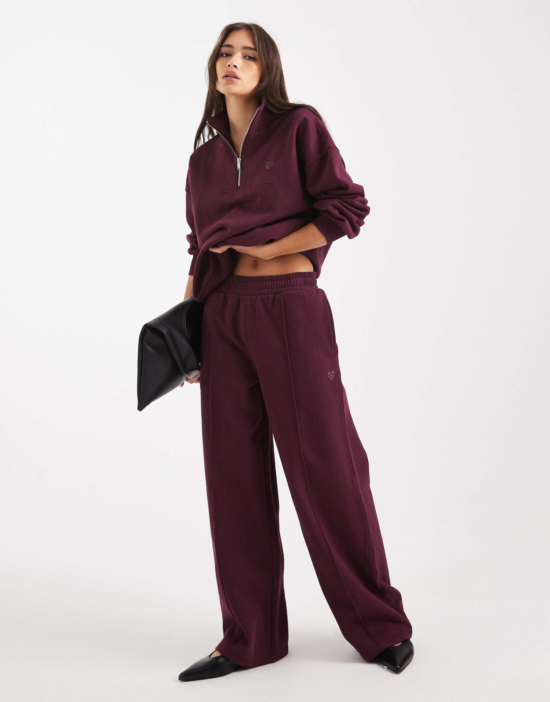 miss selfridge wide leg sweatpants in plum