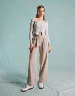 Miss Selfridge Wide Leg Tailored Pants In Gray Pinstripe