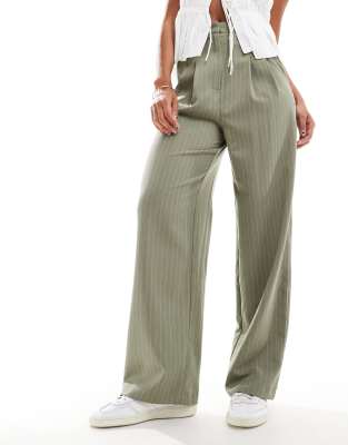 wide leg tailored pants in khaki pinstripe-Green