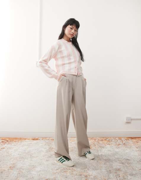 Miss Selfridge wide leg tailored trouser in beige pinstripe - view 1