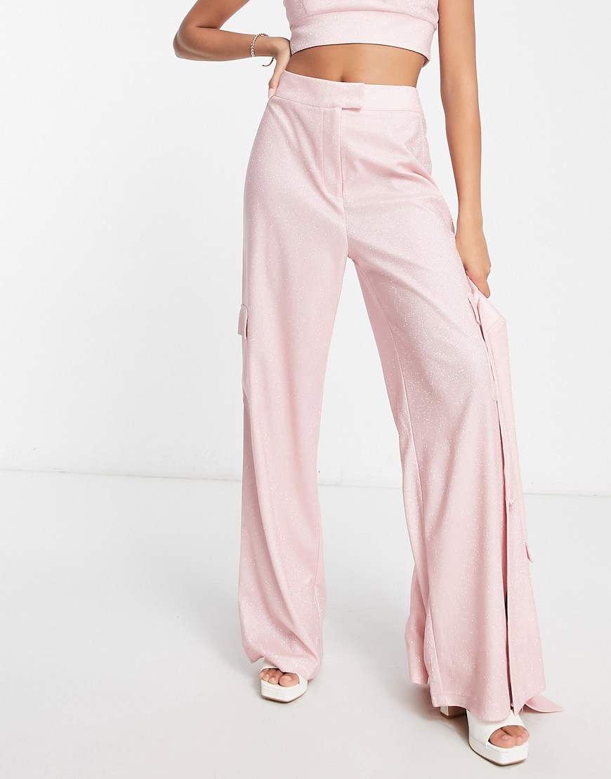 Miss Selfridge wide leg trouser co-ord in pink glitter