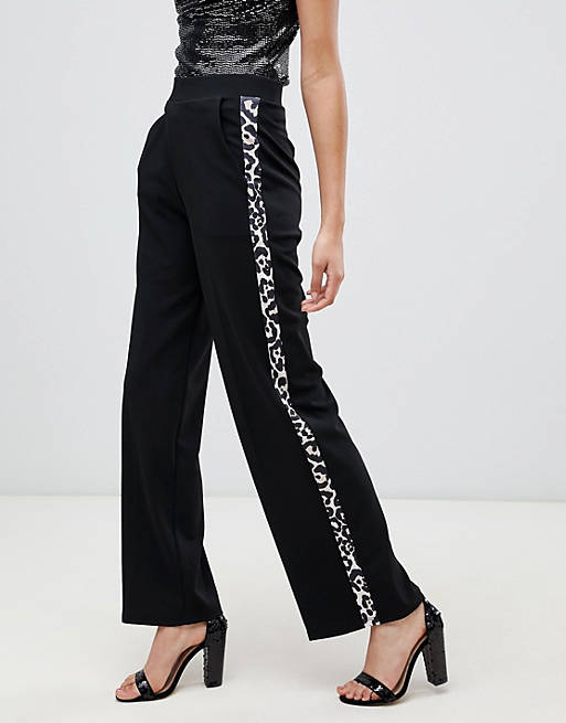 Miss Selfridge wide leg trousers with animal stripe in black | ASOS