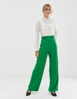 Miss Selfridge wide leg trousers with button detail in green | ASOS