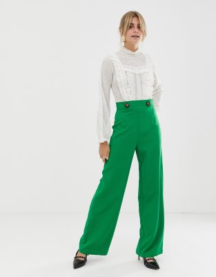 Miss Selfridge wide leg trousers with button detail in green | ASOS