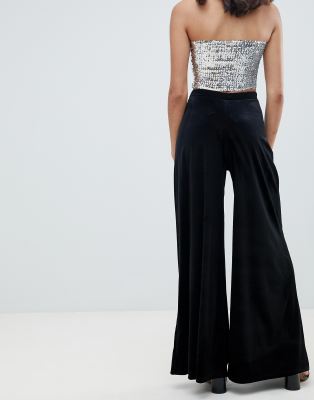 wide leg black velvet trousers