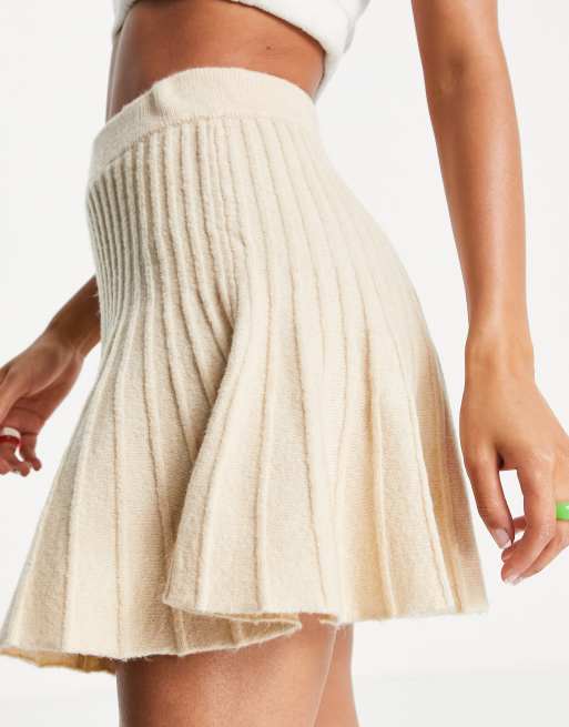 Miss Selfridge wide rib pleated mini knit skirt in beige