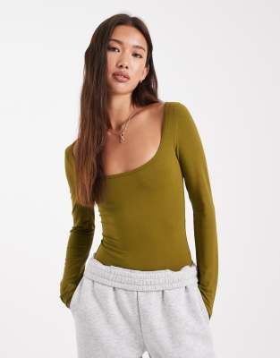 Miss Selfridge Wide Scoop Bodysuit In Green