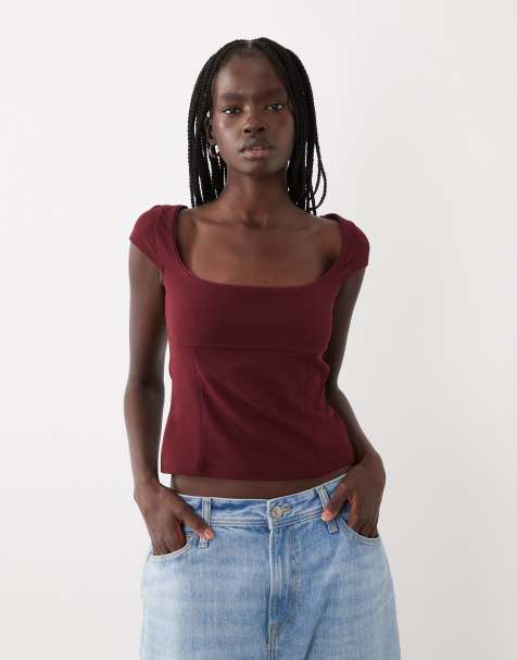 Miss Selfridge wide scoop neck top with corset seams and picot trim in chocolate - view 1