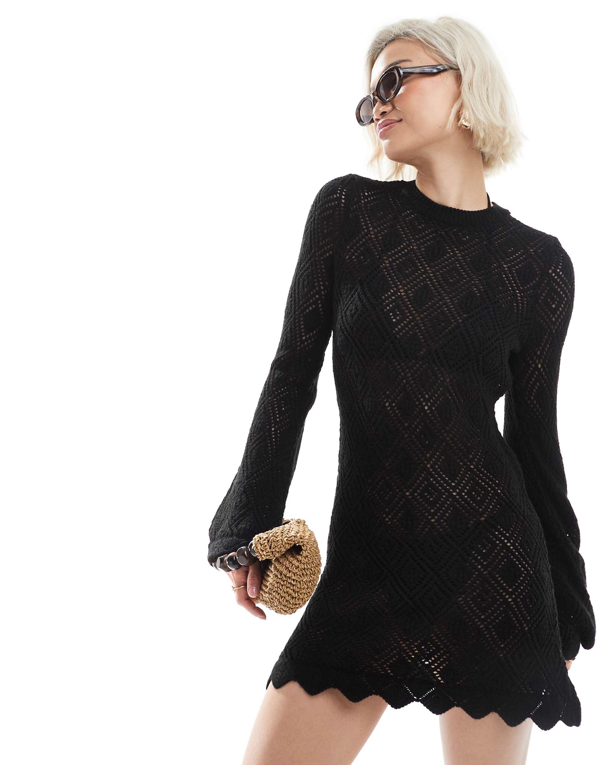 miss selfridge wide sleeve scallop hem knit beach dress in black