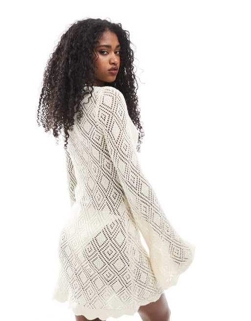Miss Selfridge wide sleeve scallop hem knitted beach dress in cream