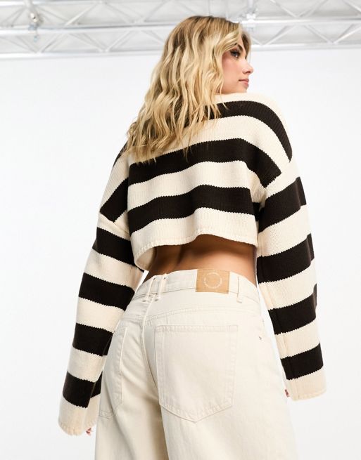 Miss Selfridge wide stripe crop knit sweater in chocolate stripe