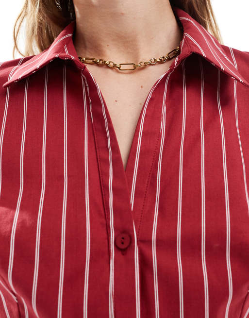 Miss Selfridge wide stripe fitted shirt in cherry red, 2 of 4