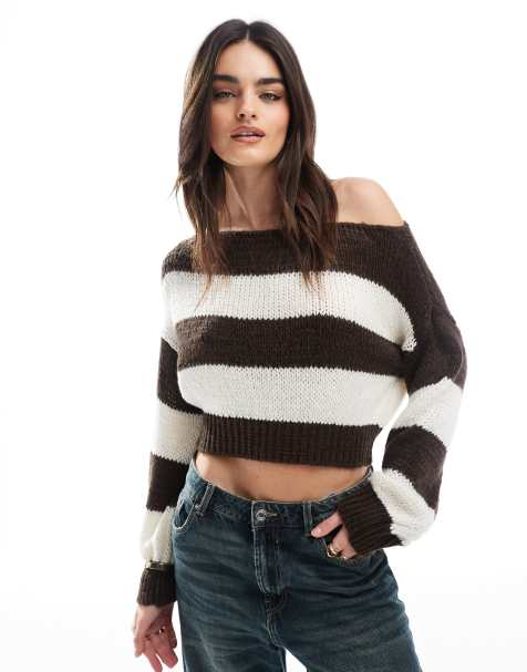 Miss Selfridge wide stripe slouchy off the shoulder jumper - view 1