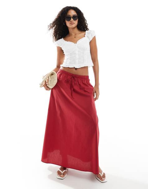 Miss Selfridge floaty drawstring waist midi skirt in cherry red
