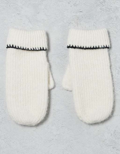 Miss Selfridge - Wollen wanten met festonsteek-detail in crème met zwarte stiksels