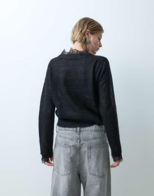 Miss Selfridge wool and mohair lace trim fine gauge cardigan in black, 5 of 5