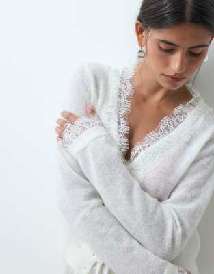 Miss Selfridge Wool And Mohair Lace Trim Fine Gauge Cardigan In White