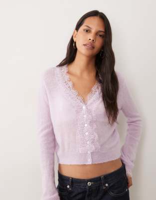 Miss Selfridge Wool And Mohair Lace Trim Fine Gauge Cardigan In Pink