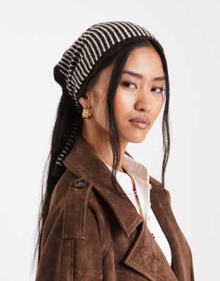 Miss Selfridge Miss Selfridge wool knitted stripe triangle scarf in chocolate and cream-Brown