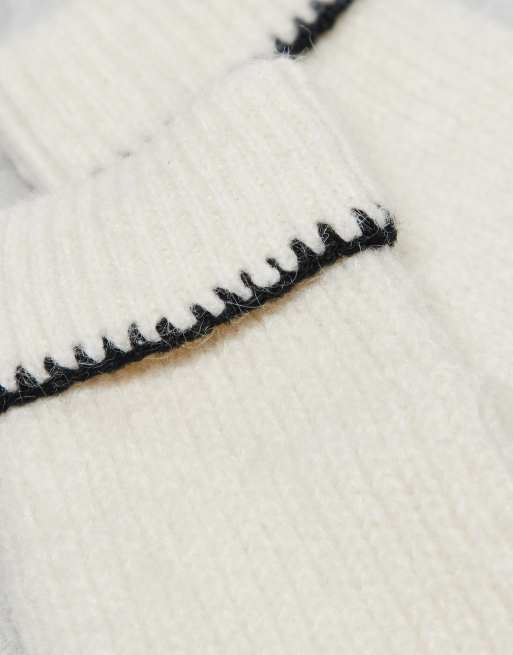 Miss Selfridge wool mittens with black blanket stitch detail in cream, 2 of 3