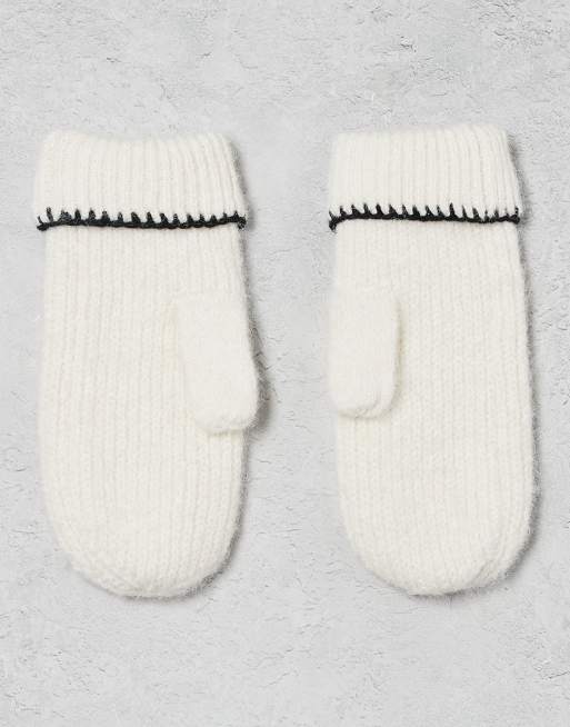Miss Selfridge wool mittens with black blanket stitch detail in cream, 3 of 3