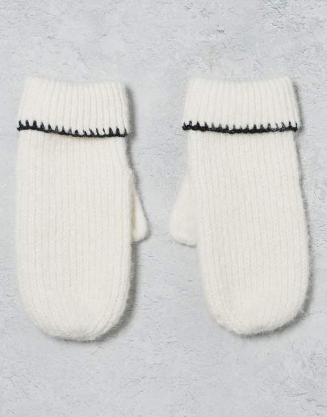 Miss Selfridge wool mittens with blanket stitch detail in cream with black stitching - view 1