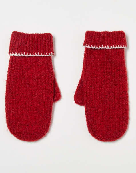 Miss Selfridge wool mittens with blanket stitch detail in red with soft pink stitching - view 1
