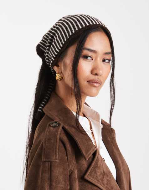 Miss Selfridge wool-mix knitted stripe triangle scarf in chocolate and cream - view 1