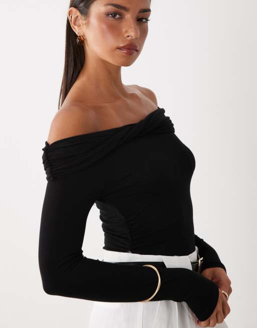 Miss Selfridge wrap bardot bodysuit in black, 3 of 4