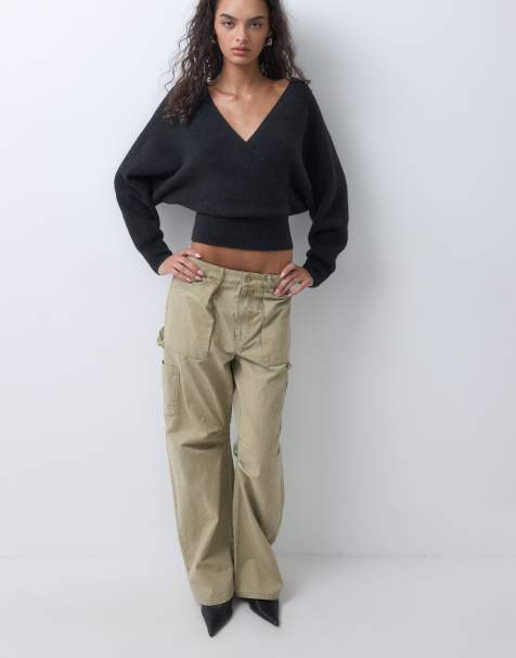 Miss Selfridge wrap batwing jumper in black - view 1