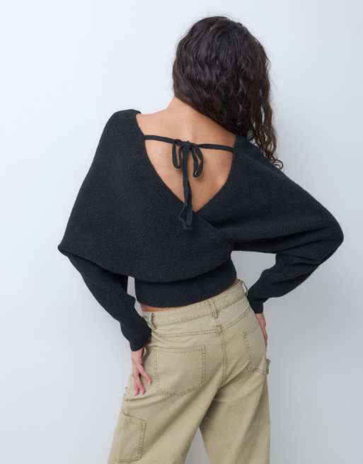 Miss Selfridge wrap batwing jumper in black, 4 of 5