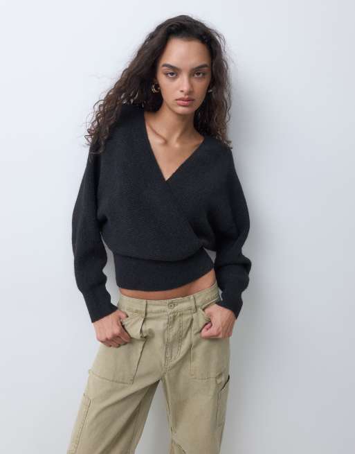 Miss Selfridge wrap batwing jumper in black, 5 of 5