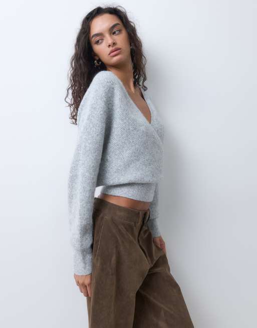 Miss Selfridge wrap batwing jumper in grey, 2 of 5