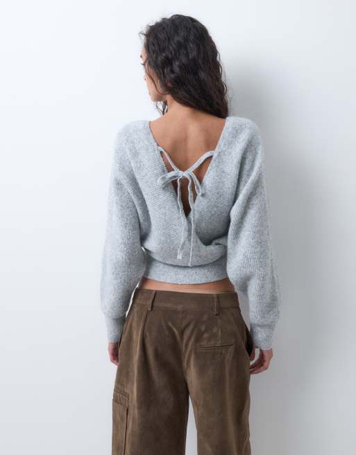 Miss Selfridge wrap batwing jumper in grey, 5 of 5