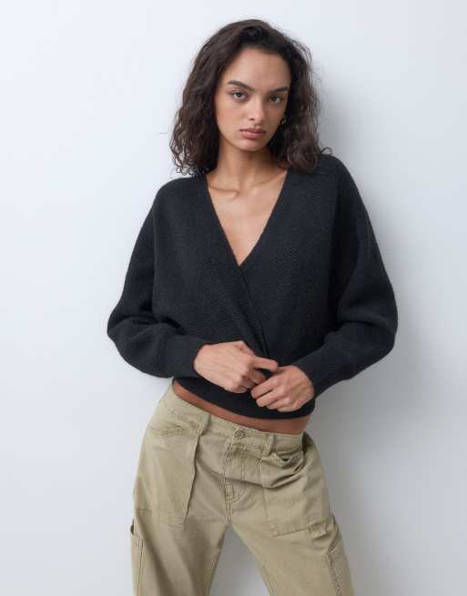 Miss Selfridge wrap batwing sweater in black, 3 of 5