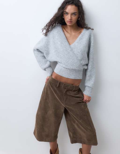 Miss Selfridge wrap batwing sweater in gray, 4 of 5
