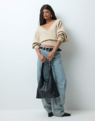 Miss Selfridge Wrap Batwing Sweater In Neutral