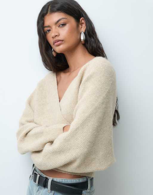 Miss Selfridge wrap batwing sweater in oatmeal, 2 of 5