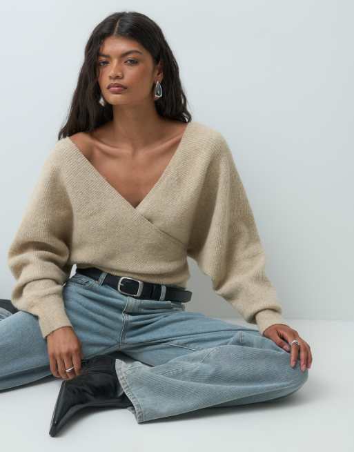 Miss Selfridge wrap batwing sweater in oatmeal, 3 of 5