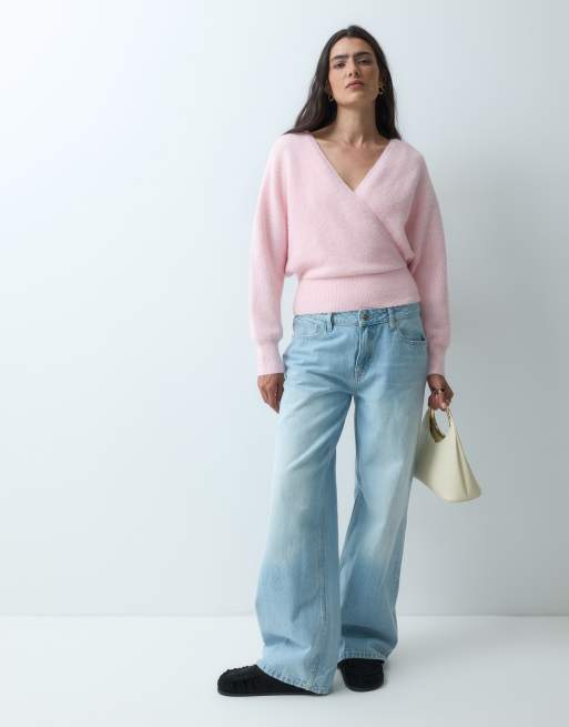 Miss Selfridge wrap batwing sweater in pink, 3 of 4