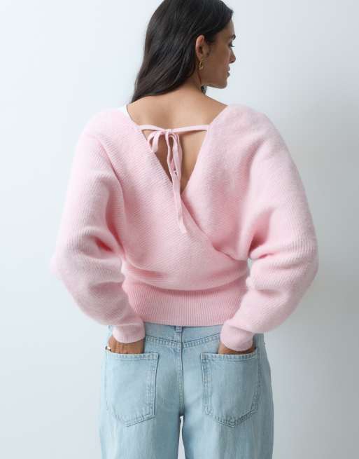 Miss Selfridge wrap batwing sweater in pink, 4 of 4