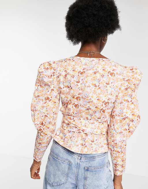 Miss Selfridge wrap blouse in cream ditsy, 2 of 4