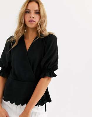 Miss Selfridge wrap blouse with scallop hem in black-Green