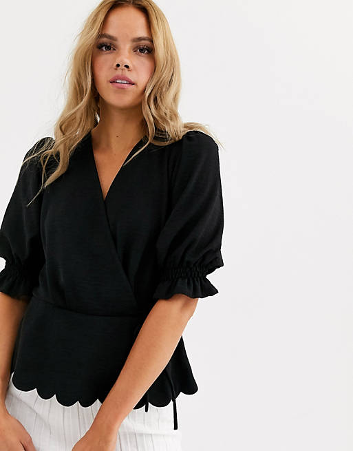 Miss Selfridge wrap blouse with scallop hem in black | ASOS