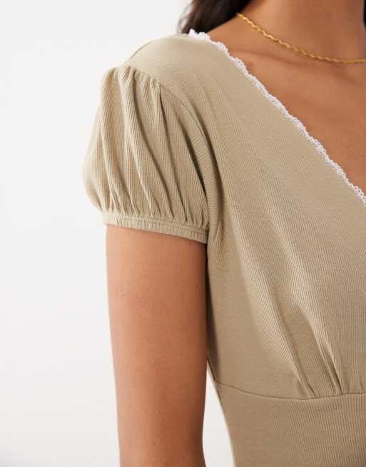 Miss Selfridge wrap cap sleeve mini dress in brown, 3 of 4