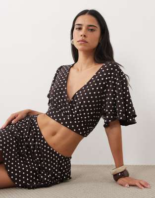 Miss Selfridge Wrap Frill Sleeve Top Co-ord In Brown