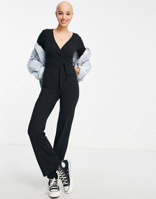 Miss Selfridge wrap front jumpsuit with long sleeves in black